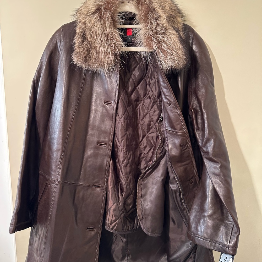 Brown Leather Coat with Fur Collar